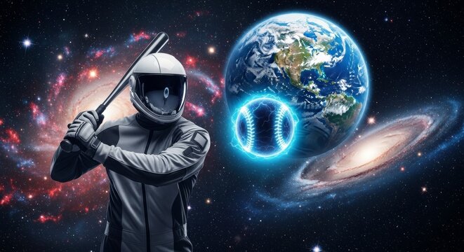 Futuristic baseball player in space with glowing ball and earth among galaxies