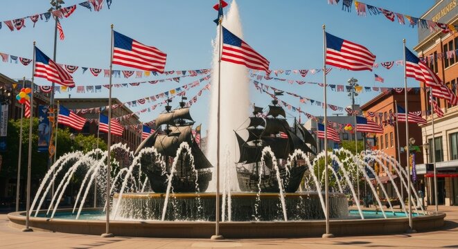 Patriotic american flags and ship fountain in sunny urban plaza - Powered by Adobe