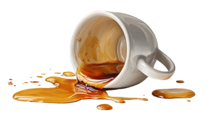 Ceramic tea cup tipped over with spilled liquid showing splash and mess in realistic detail isolated on white background
