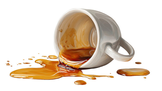 Ceramic tea cup tipped over with spilled liquid showing splash and mess in realistic detail isolated on white background
