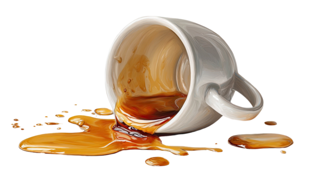 Ceramic tea cup tipped over with spilled liquid showing splash and mess in realistic detail isolated on white background
