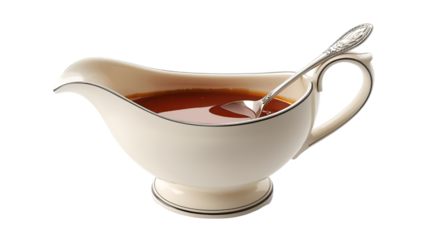 Gravy boat filled with brown sauce and silver spoon