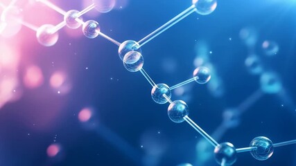 Close up of interconnected molecular structures in science visuals, highlighting bonds and spherical nodes illuminated by blue and pink gradient for chemistry and biotech visuals - Powered by Adobe