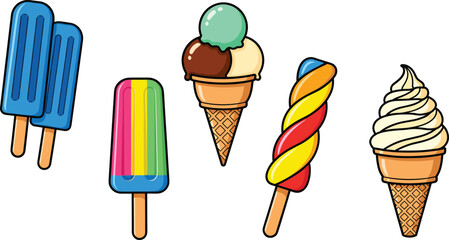 Ice cream and popsicle set, colorful frozen dessert, summer treat illustration, sweet snack icons, cad drawing flat vector illustration