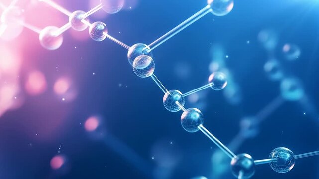 Close up of interconnected molecular structures in science visuals, highlighting bonds and spherical nodes illuminated by blue and pink gradient for chemistry and biotech visuals