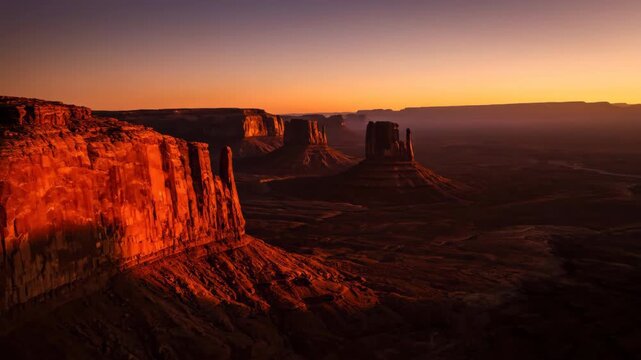 Slow aerial pan reveals ancient desert rock formations glowing with fiery orange and red hues during the golden hour sunset desert, nature, texture