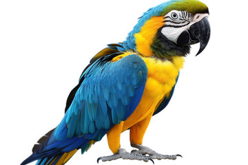 Fototapeta premium A majestic blueandyellow macaw perches gracefully, isolated on transparent background, its vibrant plumage and sharp features highlighted against the stark backdrop