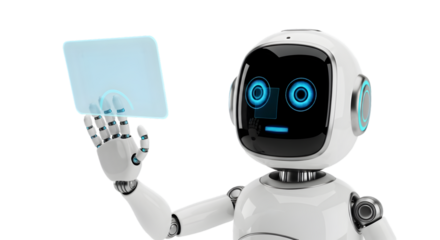 Futuristic robot holding a transparent digital tablet