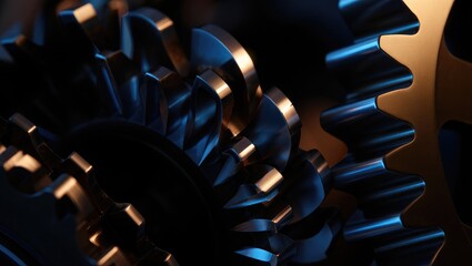 Close-up of Interlocking Metal Gears with Blue and Gold Lighting