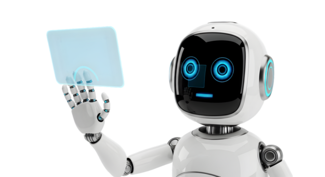 Futuristic robot holding a transparent digital tablet - Powered by Adobe