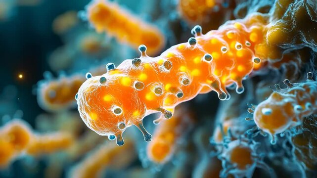 Macro close-up of bright orange bacterial colonies clinging to a filament against a blue background, showcasing cellular texture, microbe interaction, and detail