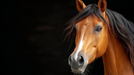 Obraz premium Brown horse with a black mane and tail is looking at the camera. The horse's eyes are open and it is smiling. The image has a warm and friendly mood, as the horse seems to be happy and content