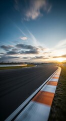 Sunset over serene race track curve with vibrant sky and clouds