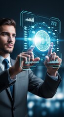 Young caucasian male engaging with futuristic bitcoin hologram technology