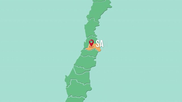 Mapa de Chile con divisi&oacute;n pol&iacute;tica resaltando la regi&oacute;n y capital Santiago