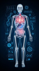 Digital human anatomy illustration with glowing organs and dna structure