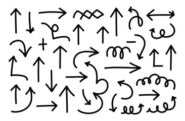 Vector art of a collection of handdrawn arrows, showcasing various directions and styles, perfect for infographics, presentations, and creative design projects, adding a touch of whimsy