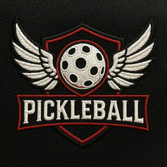 Pickleball Emblem with Wings on Black Fabric
