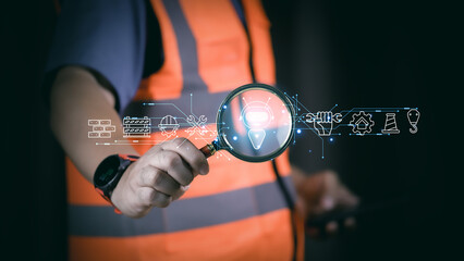 Engineer using artificial intelligence technology for energy analysis and data monitoring. Concept of AI innovation in renewable energy ,digital transformation for sustainable development.