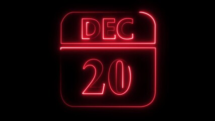 Red Neon Light Calendar Icon Showing December 20th Date On Black Background image photo