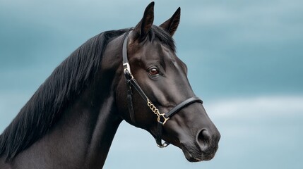 Obraz premium Black horse with a bridle on its head. The horse is looking straight ahead. The sky is blue and cloudy