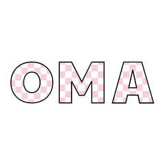 Oma text with a pink and white checkerboard pattern inside black outlined capital letters on a white background
