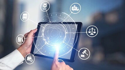 Law icons illustrate justice, court, and regulation system. Law represents fairness, law supports...