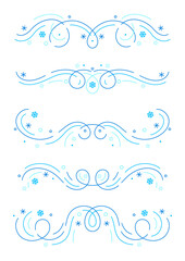 Naklejka premium Winter linear dividers set. Holiday filigree borders with snowflakes.
