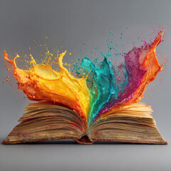 Ancient book explodes with vibrant paint, droplets frozen mid-air as a rainbow plume spreads upward; high-key studio style on gray, detailed texture of pages and leather, a dynamic symbol of inspirati