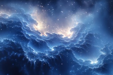 Blue nebula surrounded by cosmic clouds and shimmering stars.