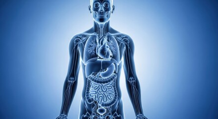 Anatomical illustration of the human body, highlighting the skeletal structure and internal organs including the heart, lungs, and digestive system in a bluetoned xray view