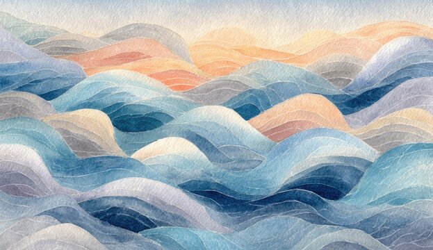 Abstract watercolor landscape of layered hills and waves - Powered by Adobe