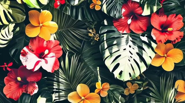Vibrant tropical garden scene with bright hibiscus blossoms in orange, red, and yellow amidst glossy monstera and palm leaves, creating a colorful, lush foliage backdrop