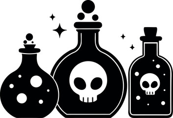 Set of Small Potion Bottles with Skull and Moon Symbols &ndash; Halloween Icons