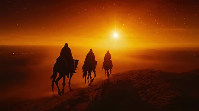 Biblical magi tale: wise foreigners, three kings, holy pilgrimage, jesus nativity, star following, divine revelation, eastern sages, sacred journey, messiah arrival, gospel account, prophetic vision,