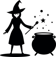 Witch Stirring a Cauldron with Bubbling Potion &ndash; Halloween Artwork