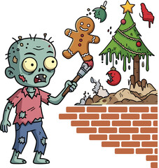 Zombie artist, Christmas painting, cartoon horror, festive mural, spooky holiday, undead creativity, gingerbread art, creepy humor, wall illustration, surreal scene