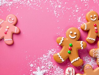 Naklejka premium Playful pink Christmas background with gingerbread cookies candy canes and snowflakes festive baking flat lay top view banner with copy space