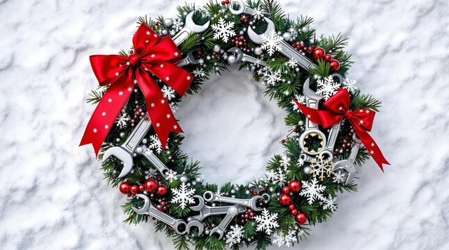 Christmas mechanic wreath of wrenches gears and snowflake ornaments with red bows on white snowy background minimal winter workshop , garage service - Powered by Adobe