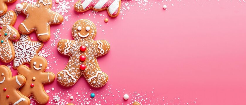 Christmas background with gingerbread cookies snowflake icing and candy sprinkles festive baking flat lay top view