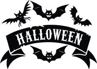 Halloween vector art of halloween themed illustration showcasing a grinning pumpkin, a spider, and a larger spider, all above a banner with the word halloween in a dripping font	