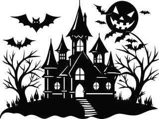 Halloween, vector illustration vector art of a spooky haunted house silhouette with bats flying around, perfect for halloween themed designs and decorations	