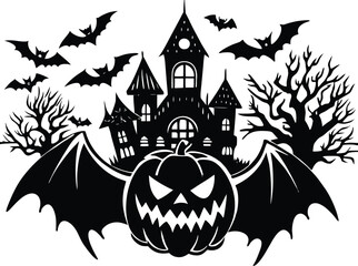 Halloween, vector illustration vector art of a spooky haunted house silhouette with bats flying around, perfect for halloween themed designs and decorations	