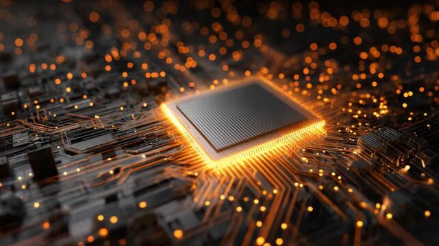 An intricate close-up of a glowing microprocessor on a circuit board, showcasing advanced technology with vibrant orange lighting and detailed electronic components.