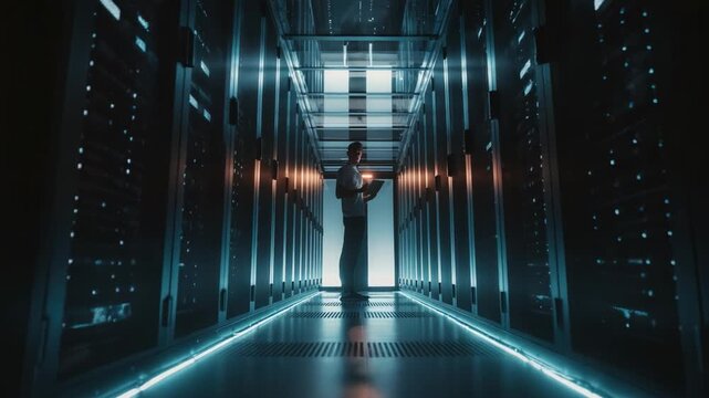A technician working diligently inside a modern data center, surrounded by server racks, ensuring optimal functionality and security of digital infrastructure.