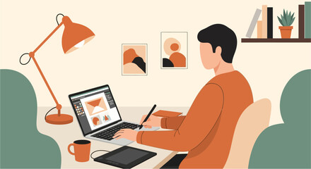 Illustration of a person working on a laptop at a desk with a lamp and other objects.