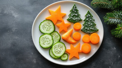 Children’s Christmas plate with carrot stars and cucumber trees, healthy playful holiday food decorated with herbs, creative festive snack, vegetarian dish, joyful kids meal concept