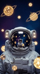 Obraz premium Astronaut surrounded by glowing planets and stars in outer space