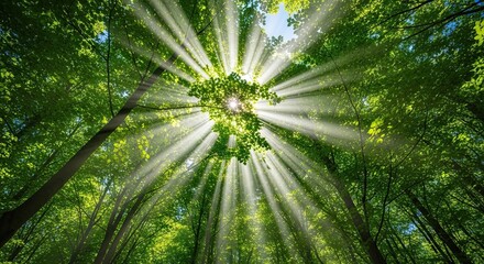 Sunlight filtering through lush green forest canopy on a clear day