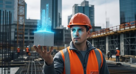 Confident engineer visualizing futuristic city skyline on construction site with holographic projection for smart city planning and urban development